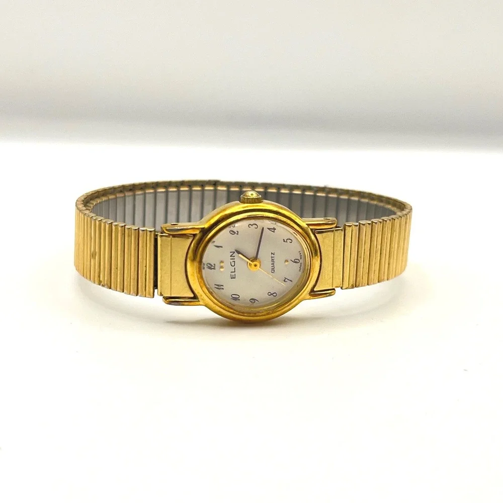 Elgin Ladies Quartz Watch Gold Tone Expansion Band White Dial EX118-009 Vintage
